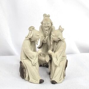 Mudman Figurine Chinese Bonsai Clay Figurine Three Men Hand Crafted Vintage